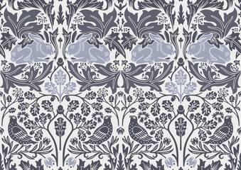 Hand drawn seamless pattern ornament with hare and bird in foliage. Vector illustration.