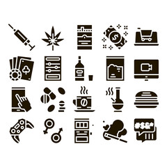 Poster - Addiction Bad Habits Glyph Set Vector Thin Line. Alcohol And Drug, Shopping And Gambling, Hemp, Smoking And Junk Food Addiction Glyph Pictograms Black Illustrations