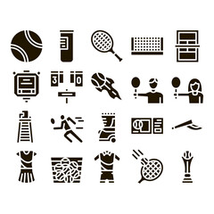 Poster - Tennis Game Equipment Glyph Set Vector Thin Line. Racket And Tennis Field, Cup And Tracksuit, Ball Basket And Player Glyph Pictograms Black Illustrations