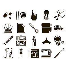 Poster - Sewing And Needlework Glyph Set Vector Thin Line. Sewing Needle And Measure, Dummy And Bobbin, Button And Fabric Glyph Pictograms Black Illustrations