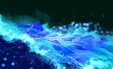 Poster - Wireless technologies, cryptography, cyberspace, neural network 3D illustration. Big data concept. Global database and artificial intelligence. Bright, colorful background with bokeh effect