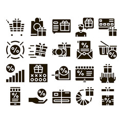 Poster - Loyalty Program For Customer Icons Set Vector Thin Line. Human Silhouette And Present In Box Or Bag, Percent Mark And Money Loyalty Program Glyph Pictograms Black Illustrations