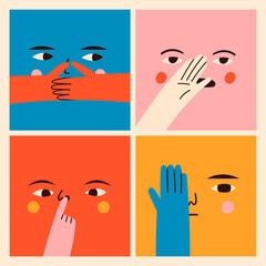 Wall Mural - Square abstract comic Faces with various Emotions and hand gestures. Different colored characters. Cartoon style. Flat design. Hand drawn trendy Vector illustrations. Every face is isolated