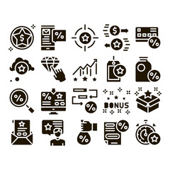 Aufkleber - Bonus Hunting Collection Elements Icons Set Vector Thin Line. Magnifier And Bag With Percent Mark, Star, Diamond And Bonus Coins In Bottle Glyph Pictograms Black Illustrations