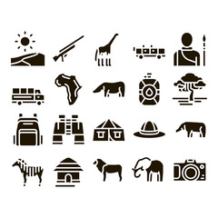 Poster - Safari Travel Collection Elements Icons Set Vector Thin Line. Animal And Africa, Car And Tree, Human Silhouette And Hat Safari Adventure Glyph Pictograms Black Illustrations