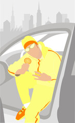 Wall Mural - Portrait of a man sitting in a car holding his medallion