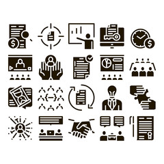 Poster - Contract Collection Elements Icons Set Vector Thin Line. Human Silhouette And Hands, Handshake And Agreement Contract Document With Pen Glyph Pictograms Black Illustrations