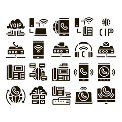 Wall Mural - Voip Calling System Glyph Set Vector Thin Line. Server For Voice Ip And Cloud, Smartphone And Phone, Wifi Mark And Headphones Glyph Pictograms Black Illustrations