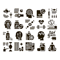 Poster - Biohacking Collection Elements Icons Set Vector Thin Line. Meditation And Brain, Dna And Helix, Genetic And Drugs Biohacking Glyph Pictograms Black Illustrations