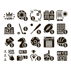 Poster - Betting And Gambling Glyph Set Vector Thin Line. Basketball And Baseball, Hockey And Boxing, Horse Racing And Card Game Betting Glyph Pictograms Black Illustrations