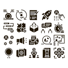 Aufkleber - Scrum Agile Collection Elements Vector Icons Set Thin Line. Agile Rocket And Document File, Gear And Package, Loud-speaker And Stop Watch Glyph Pictograms Black Illustrations