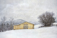 Original Textured Winter Photograph Of A Small Yellow Barn On A Snowy Hillside 