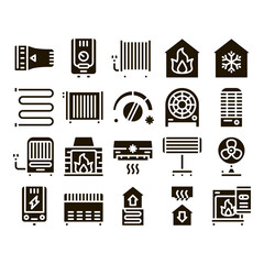 Poster - Heating And Cooling Collection Vector Icons Set Thin Line. Cool And Humidity, Airing, Ionisation And Heating Glyph Pictograms Black Illustrations