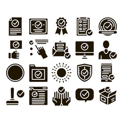 Poster - Approved Collection Elements Vector Icons Set Thin Line. Approved Sings On Document File And Hands, Computer Monitor And Smartphone Display Glyph Pictograms Black Illustrations