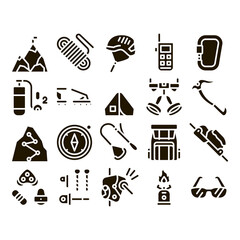 Poster - Alpinism Collection Elements Vector Icons Set Thin Line. Compass And Glasses, Mountain Direction And Burner Mountaineering Alpinism Equipment Glyph Pictograms Black Illustrations
