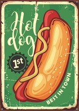 Hot Dog American Style Vintage Sign Design Template On Green Background. Fast Food Menu Poster. Vector Hotdog Illustration.