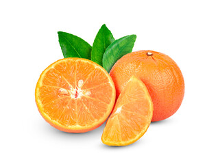 Wall Mural - Orange fruit sliced with leaves isolated on white background