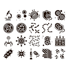 Poster - Pathogen Elements Vector Sign Icons Set. Pathogen Bacteria Microorganism, Microbes And Germs Pictograms. Analysis In Flask, Microscope And Injection Glyph Pictograms Black Illustrations