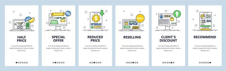 Poster - online shopping special offers, discounts, half price, reselling. mobile app screens, vector website