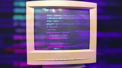 Hacking a vintage old vintage TV or computer monitor screen 80s 90s style. Glitches on screen monitor. Abstract source code data flow. Purple and blue text. screen noise. VHS style. Old kinescope