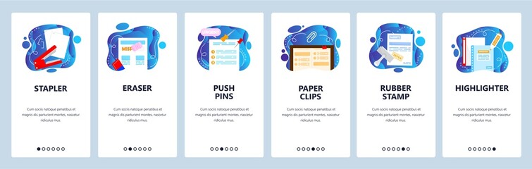 Poster - stationery. business office supplies. mobile app onboarding screens, vector website banner template.