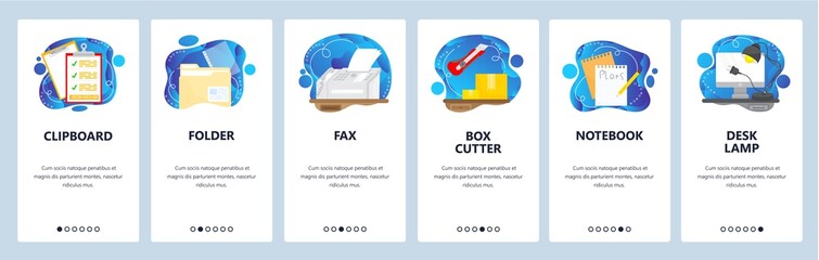 Poster - office equipment, stationery, desk accessories. mobile app onboarding screens, vector website banner