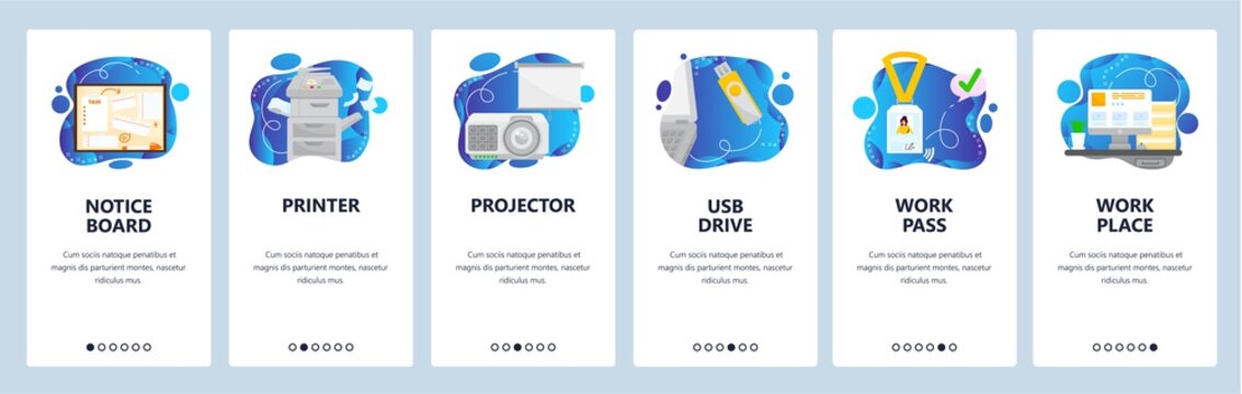 Business office workspace equipment and accessories. Mobile app onboarding screens, vector website banner template.