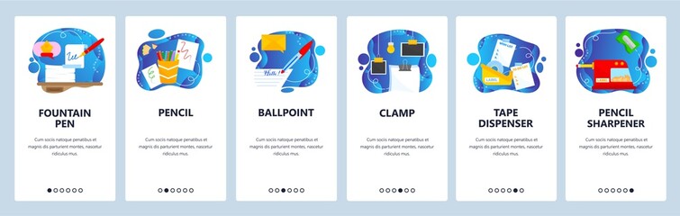Poster - stationery. office supplies for business, school. mobile app onboarding screens, vector website bann