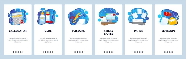 Poster - office stationery. business accessories and supplies. mobile app onboarding screens, vector website 
