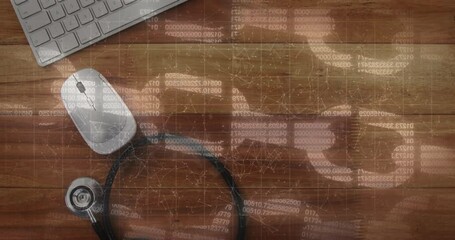 Poster - Digital security chain and network of connections against stethoscope, mouse and keyboard