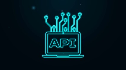 Glowing neon line Computer api interface icon isolated on black background. Application programming interface API technology. Software integration. 4K Video motion graphic animation.