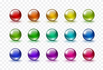 Glass ball set isolated on transparent background. Colorful orbs, pills, 3d gel spheres. Vector bubbles or round buttons with shadows