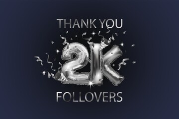 Sticker - Thank you 2K or 2K subscribers. Vector illustration with silver shiny balls and confetti for friends on social networks, web users on a dark background. Thank you, celebrate subscribers, likes.