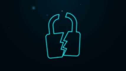 Sticker - Glowing neon line Broken or cracked lock icon isolated on black background. Unlock sign. 4K Video motion graphic animation.