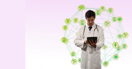 Poster - Globe of digital icons against doctor using digital tablet