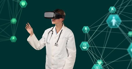 Poster - Globe of digital icons against doctor using VR headset