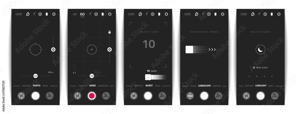 Phone camera. Video and photo mobile application UI with landscape ...