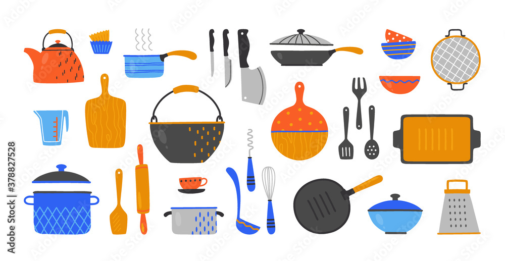Cartoon utensil. Hand drawn cookery and kitchen equipment, doodle ...