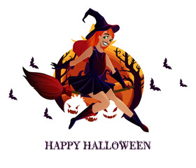 
stylized Halloween poster design. Image of a joyful witch on a broom surrounded by a fairy forest enclosed in a pumpkin . Perfect for postcards, flyers, invitations. EPS10