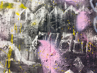 Wall Mural - Rough paint dripping, spray paint artwork. Abstract background oil paint painting style. Damage to walls with many colors. Rough concrete surface with cracks, scratches and paint stains