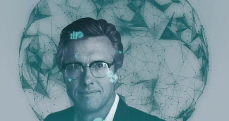 Poster - Digital icons and globe of network of connections against man smiling