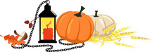 Fall Harvest Theme Still Life For A Header With A Pumpkin, Lantern, Chain And Wheat, EPS 8 Vector Illustration