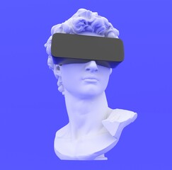 Poster - Postmodern style illustration from 3D rendering of classical head sculpture with VR visor headset on blue background.