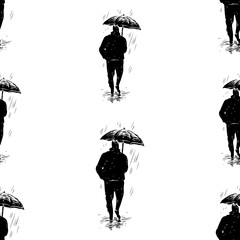 Sticker - Seamless background of silhouette townsman walking under umbrella in rain