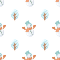  Seamless pattern with cute snowman in a hat and mittens and winter trees, hand drawn on a white background