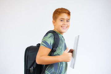 Happy smiling red-haired boy with thumb up is going to school. Child with school bag and book