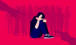 Social anxiety and social phobia illustration. Woman having overwhelming fear of social situations. People in background and hands pointing on red background. Mental health concept. Vector format.