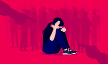 Social Anxiety And Social Phobia Illustration. Woman Having Overwhelming Fear Of Social Situations. People In Background And Hands Pointing On Red Background. Mental Health Concept. Vector Format.