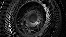 3d Video Loop Of Abstract Black And White Art Of Surreal 3d Background With Part Of A Turbine Jet Engine With Sharp Blades In Matte Metal Material.  Funnel In A Spiral Pattern With A Hole 
