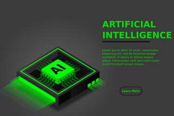 Poster - Artificial intelligence icon AI, chip brain, quantum computing, cpu, isometric cloud computing concept, data mining, isometric, neural network, machine programming, vector illustrator.